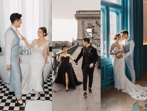 A couple in three different wedding scenes: bride playfully adjusting groom's tie in a bathroom, walking hand-in-hand on a bridge with the bride in a black gown and groom in a black suit, and embracing near a large window with the bride in a white lace dress and the groom in a light blue suit.
