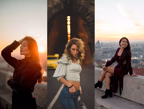 Three women posing in outdoor urban settings: one at sunset with eyes closed, one under tunnel lights looking down, and one sitting on a ledge overlooking a cityscape at dusk.