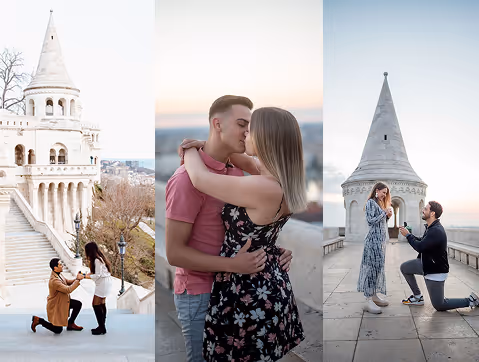 Three images side-by-side showing men proposing to women outdoors with historic stone towers in the background.