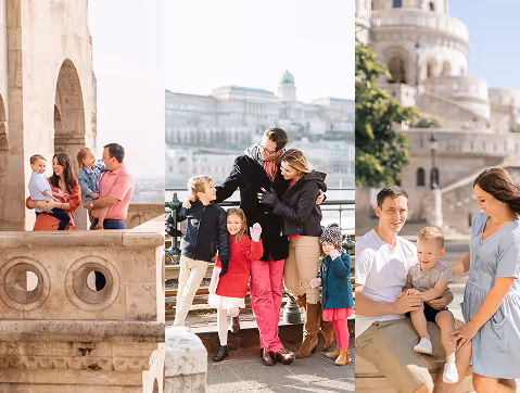 Three photos of families enjoying time together outdoors at historic European locations during daytime.