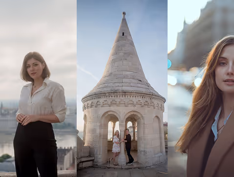 Triptych image with a woman in a white shirt and black pants on the left, a couple standing inside a stone turret under clear sky in the center, and a woman with long hair wearing a brown coat on the right.